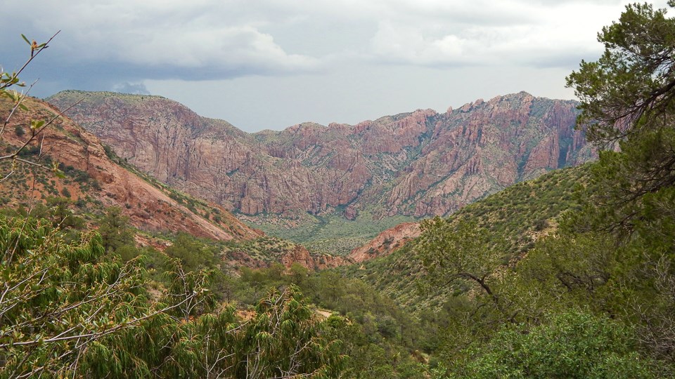 Red rocks and green trees of the Chisos Mountains below cloudy skies.