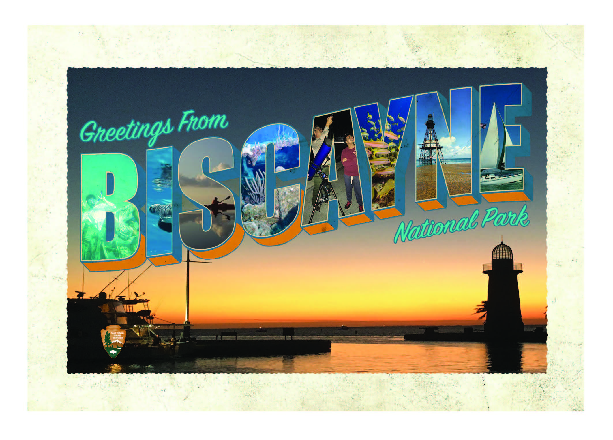 Postcard with Boca Chita Lighthouse and harbor at sunset. It reads Greetings from Biscayne National Park