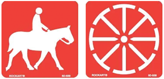 red blaze signs with horseback riding and wagon wheel icons
