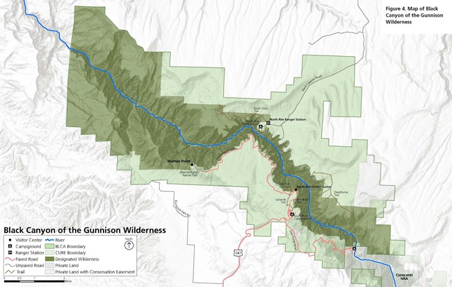 Illustrated map of Black Canyon of the Gunnison National Park and designated wilderness area. Light green is the park boundary; dark green is the wilderness.