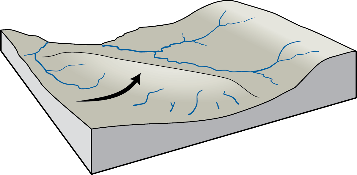 Diagram showing a grey landscape with blue lines representing waterways. A black arrow points to where uplift occurs.