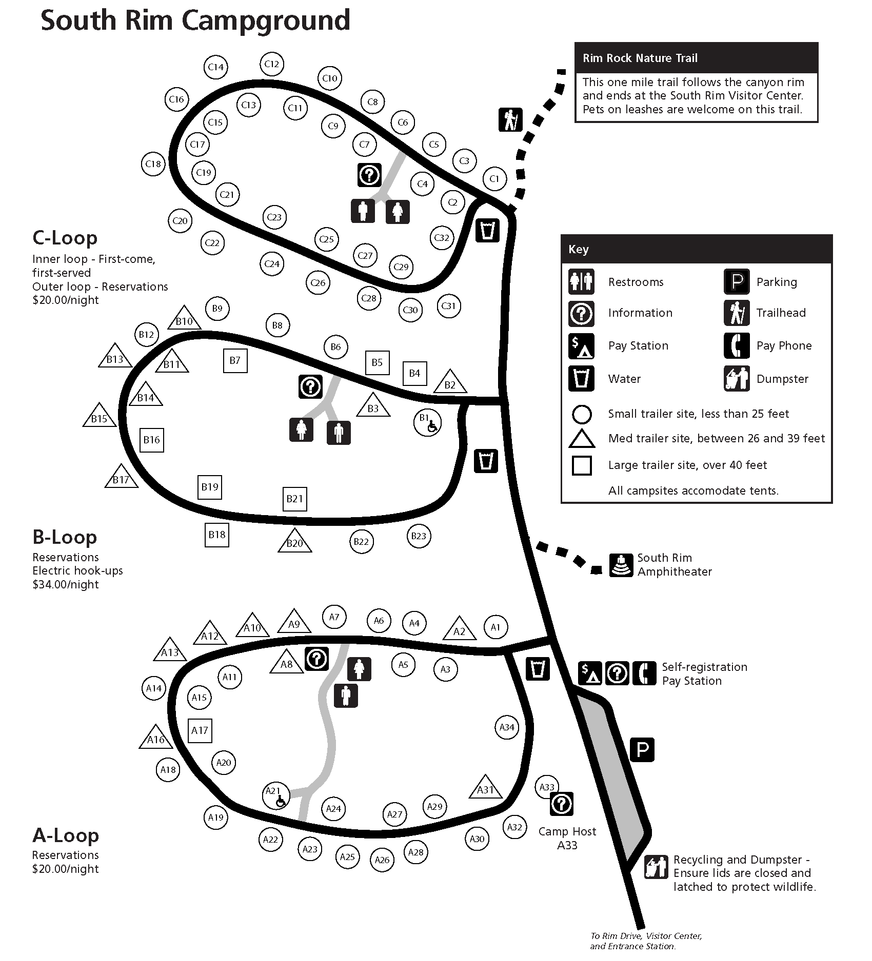 Black and white illustrated map of the South Rim Campground. Each loop shows campsites denoted with shapes and numbers. A legend on the right side shows amenities.
