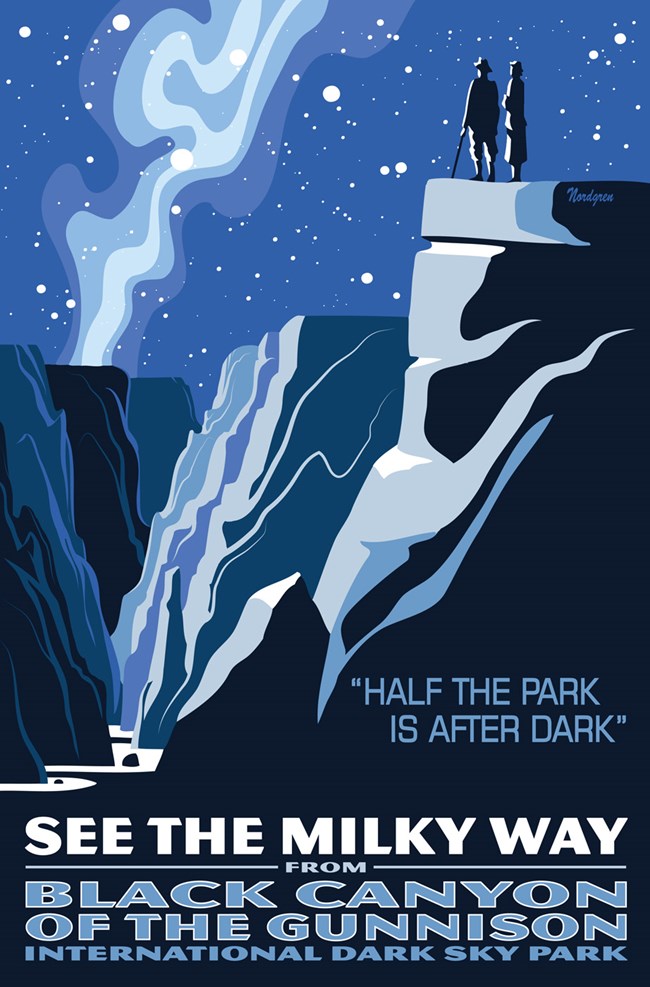 Poster with a blue, black, and white graphic showing the Milky Way over Black Canyon