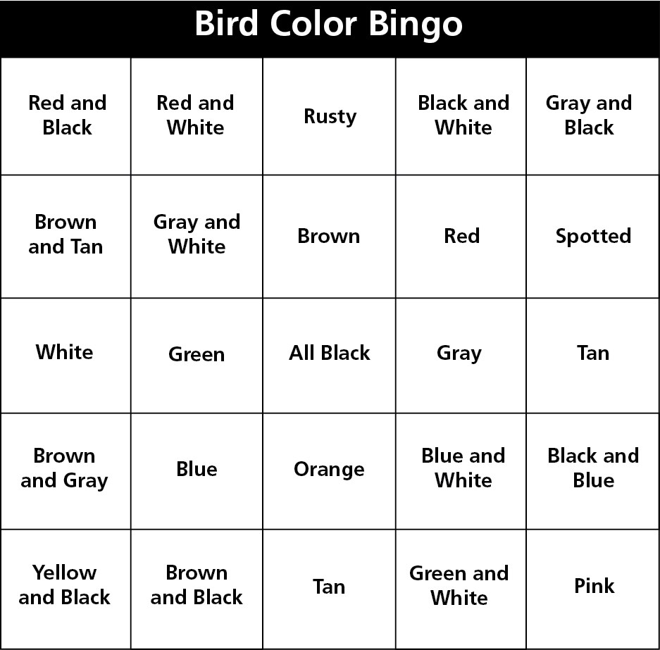 A bingo card with 5 rows and 5 columns of boxes in it. More detailed alt text in text block below image.