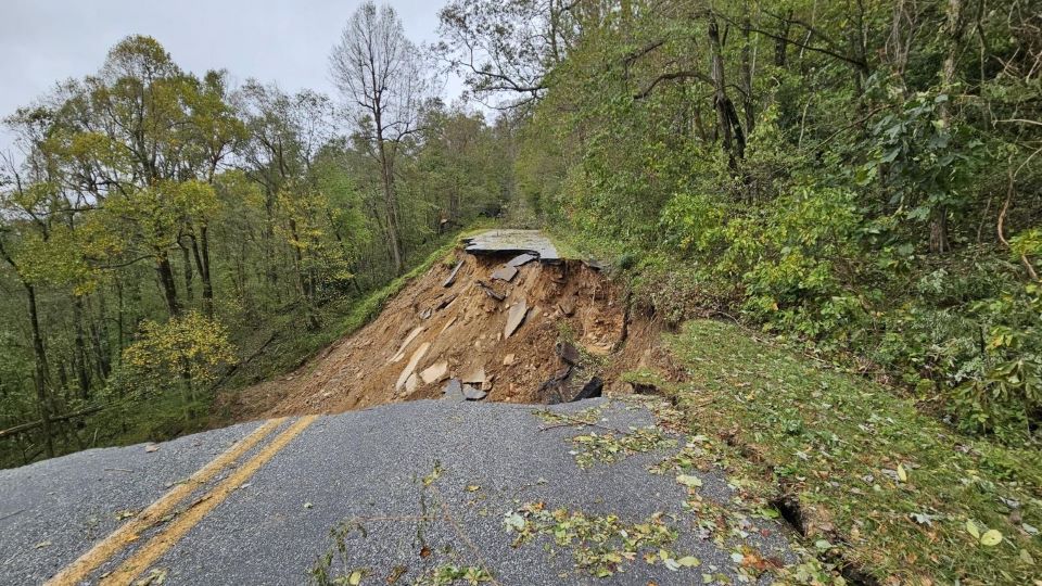 The full width of the roadbed was destroyed by a landslide below the road at Gooch Gap at milepost 336 on the Blue Ridge Parkway.