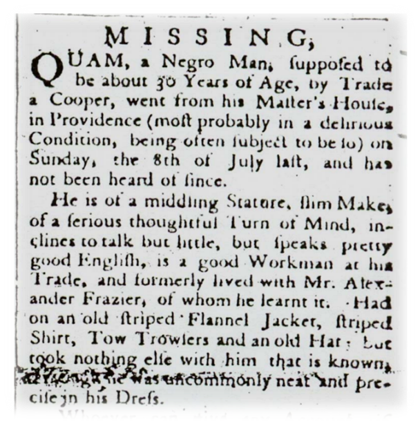 Quam missing newspaper article about "Quam" a runaway slave