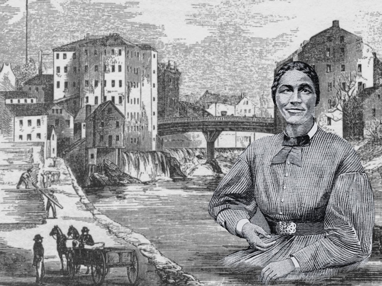 Wood cut of mill buildings alongside a river with woodcut of woman in dress superimposed on image