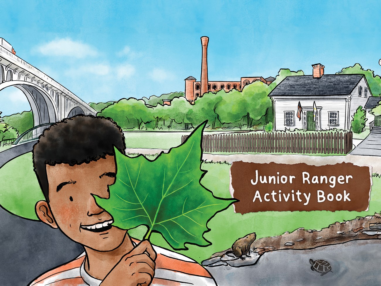 Artist drawing of child holding large leaf in front of White House, a large Brick Mill, and large cement bridge