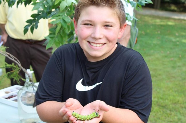 child holding a caterpillar in his hand