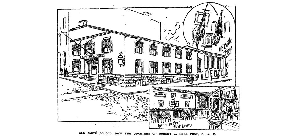 GAR-Smith-School-Boston-Globe Print of the Old Smith School, a long rectangular building, as the GAR headquarters