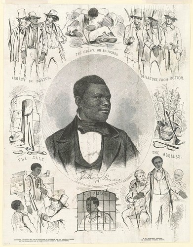 Political Cartoon with a portrait of Anthony Burns and scenes of his life.