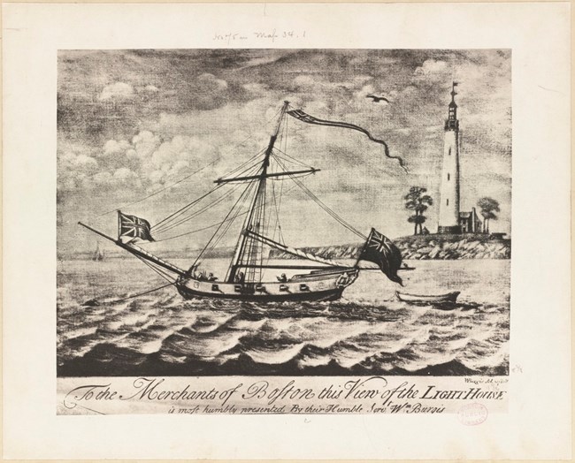 boston light 1729 Sketch of a ship with large sails in the water in front of an island with a lighthouse