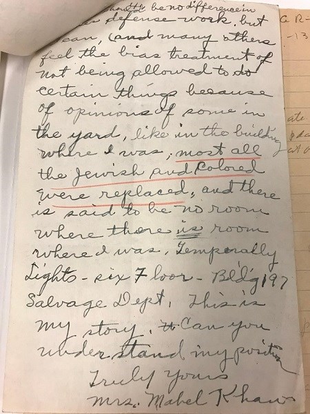 Mabel Kahn signature Part of a letter from Mabel Kahn, written in the 1940s complaining about ill treatment at the Charlestown Navy Yard.
