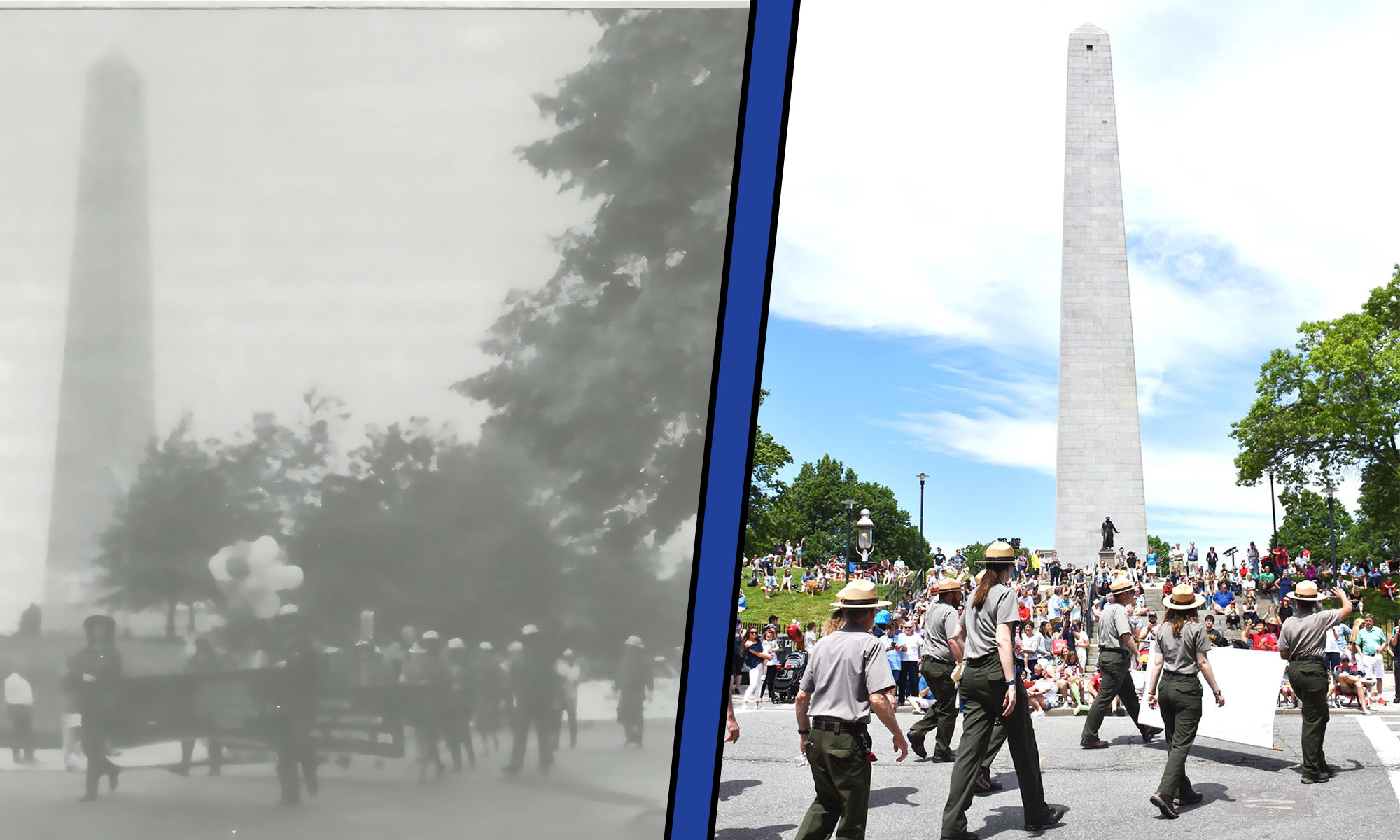 Black and white photo of Rangers marching in front of Bunker Hill Monument to the left with a photo of today with Rangers marching, separated by a blue line.