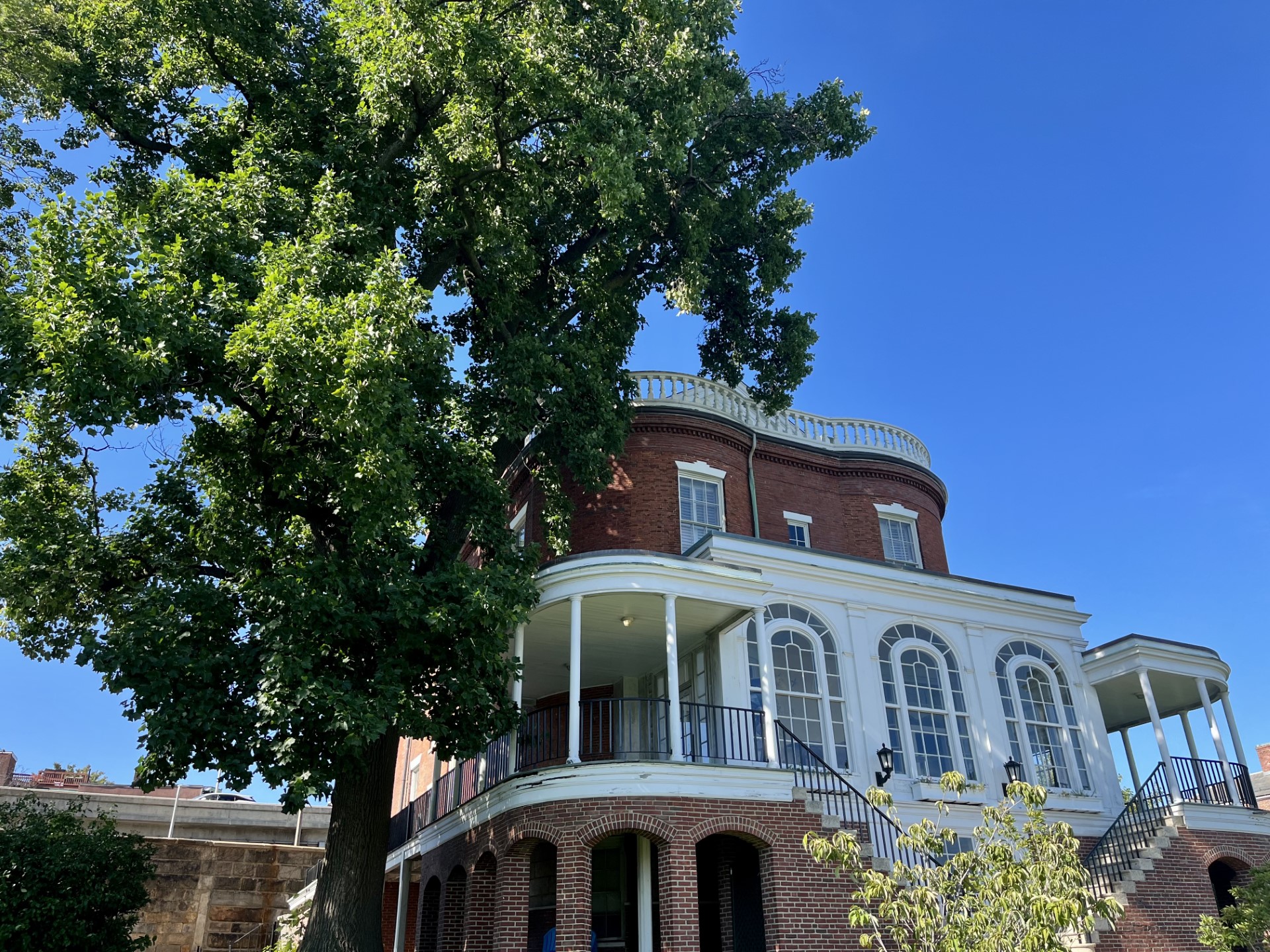 Angled view of the tuliptree outside of the Commandant's house in the Charlestown Navy Yard, MA. The Commadant's House is a historic brick building with two curved porches in the front, with a glassed in front porch section with stairs leading up.