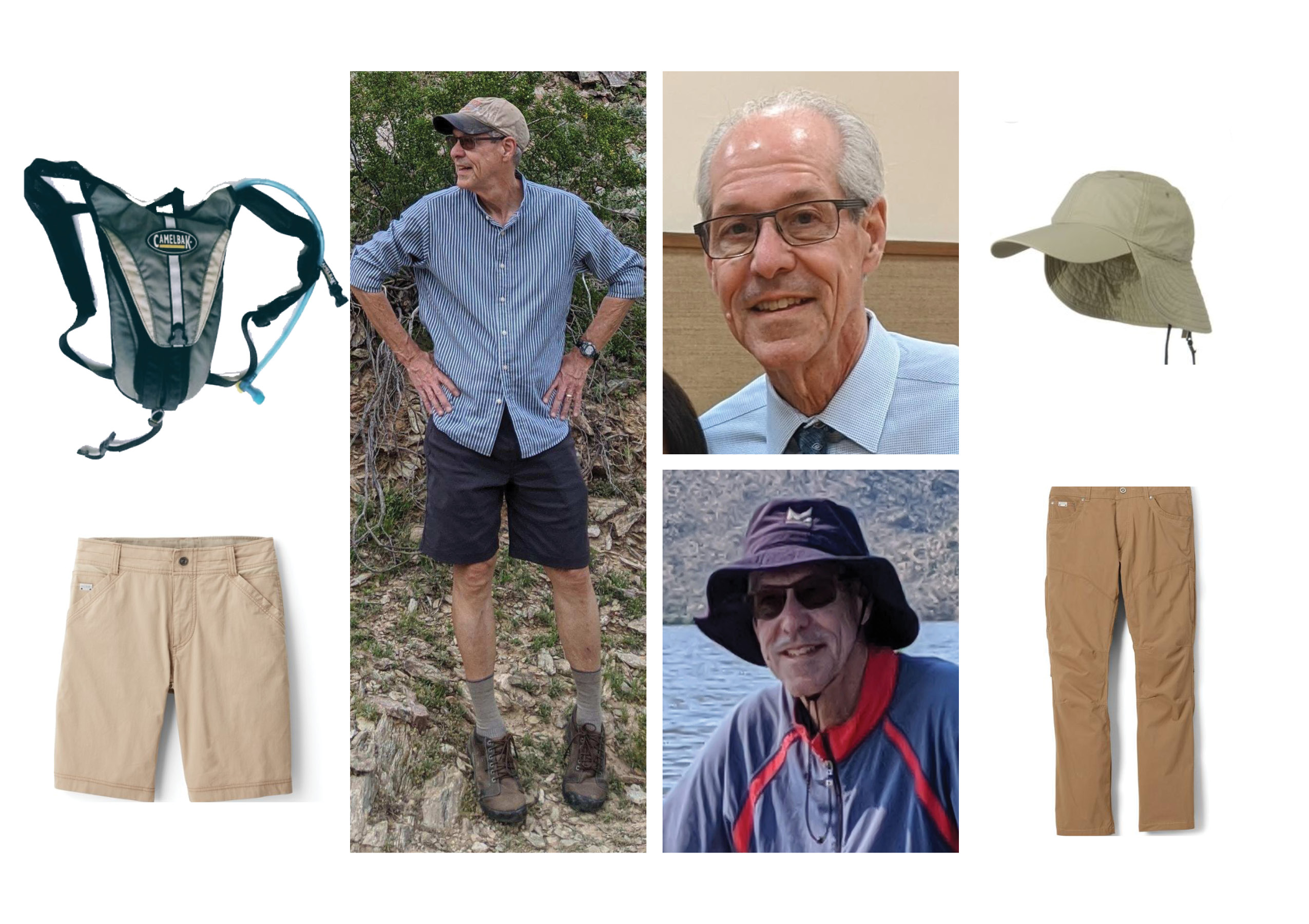 Three photos of Mark Langenbach depicting him in various outfits. A hydration pack, khaki shorts, khaki pants, a tan hat are also pictured.