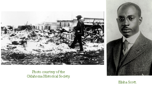 Image of Tulsa with a man walking through destroyed buildings, and Elisha Scott.