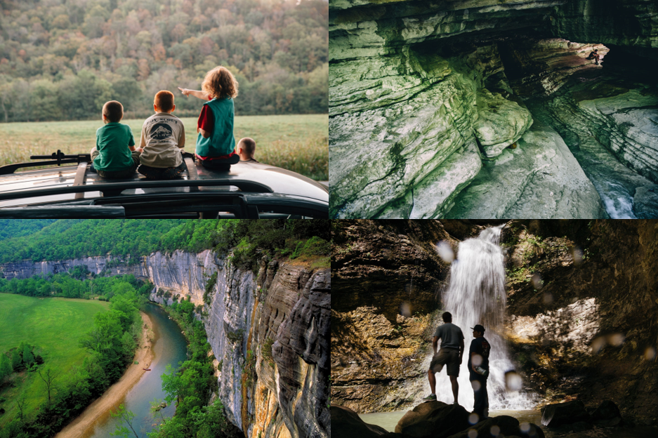 Photo collage depicting children watching wildlife, a cave and waterfall at Lost Valley, and Roark Bluff over the Buffalo River.