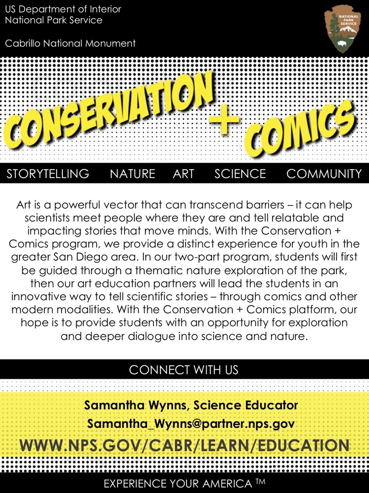 A flier for the program, Conservation + Comics. The title of the flier is big and bolded on a black and white polka-dotted background. A paragraph describes the program with the contact information for the program director, Samantha Wynns, at the bottom.