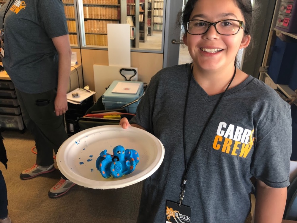 EcoLogik Student Ambassador Ashley holds a paper plate where her colorfully painted 3D printed Two-Spot Octopus sits, displaying it with a smile.