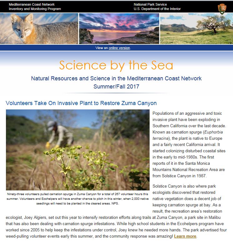 Front Page of NPS Mediterranean Coast Network Newsletter