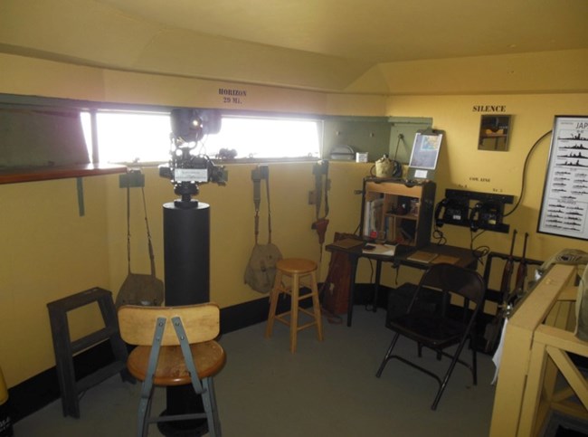 A WWII-era observation room featuring an M1910A1 azimuth scope on a pedestal, communication equipment, and a desk with manuals. The observation window shows a horizon marked at 29 miles.