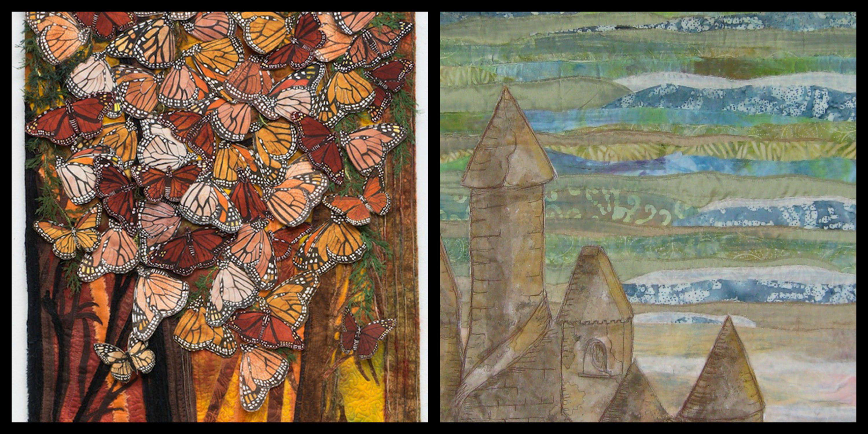 Close up image of art quilts with colorful orange and black butterflies, and a beige sandcastle against a blue sea