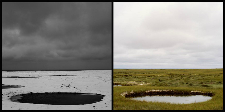 Two side by side images of the same circular pond, the one on the left is in snow, the one on the right is green and sunny.