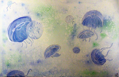 Colorful image in blue and green depicting jelly fish