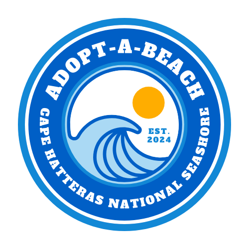Circular logo that says Adopt-a-beach at the top and Cape Hatteras National Seashore at the bottom. In the middle of the logo, there is an ocean wave, the sun, and text that says Est. 2024.