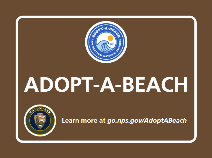 Brown sign with text that says Adopt-a-Beach and webpage link.