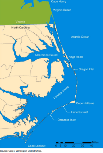 Map showing inlets along the Outer Banks of North Carolina.