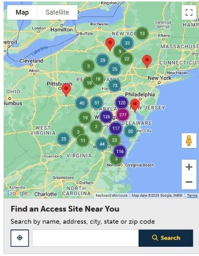 An screen shot of an interactive map showing public access sites in the Chesapeake Bay