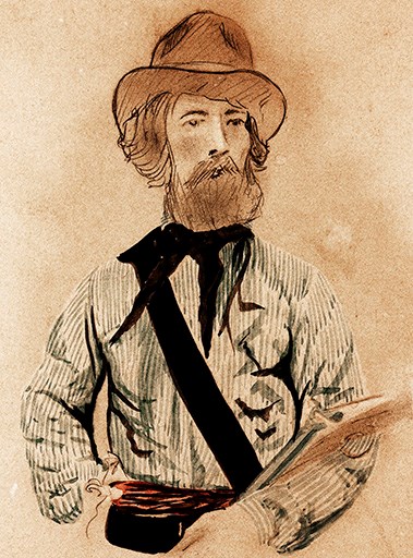 lt= Illustration of a self portrait of a Californian goldminer.