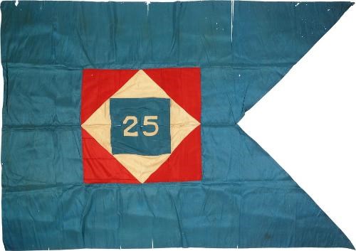 Blue flag with red and white square in the middle and inscribed with number 25