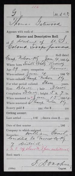 Civil War enlistment form for Thomas Gatewood, an African American soldier.