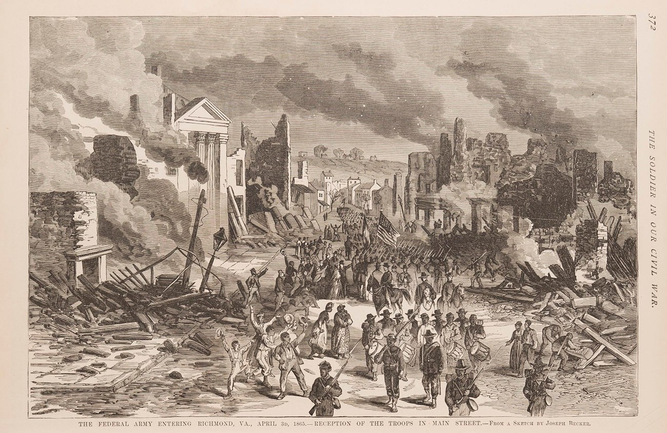 Black and white sketch of US soldiers marching through destroyed city while civilians celebrate.