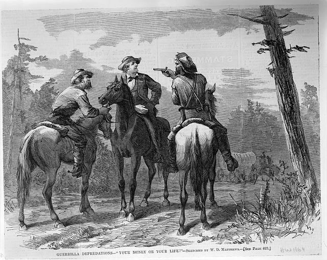 Sketch of two armed men on horseback robing a civilian on horseback during the Civil War.
