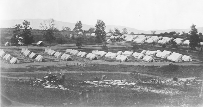 Rows of tents in a field during the Civil War.
