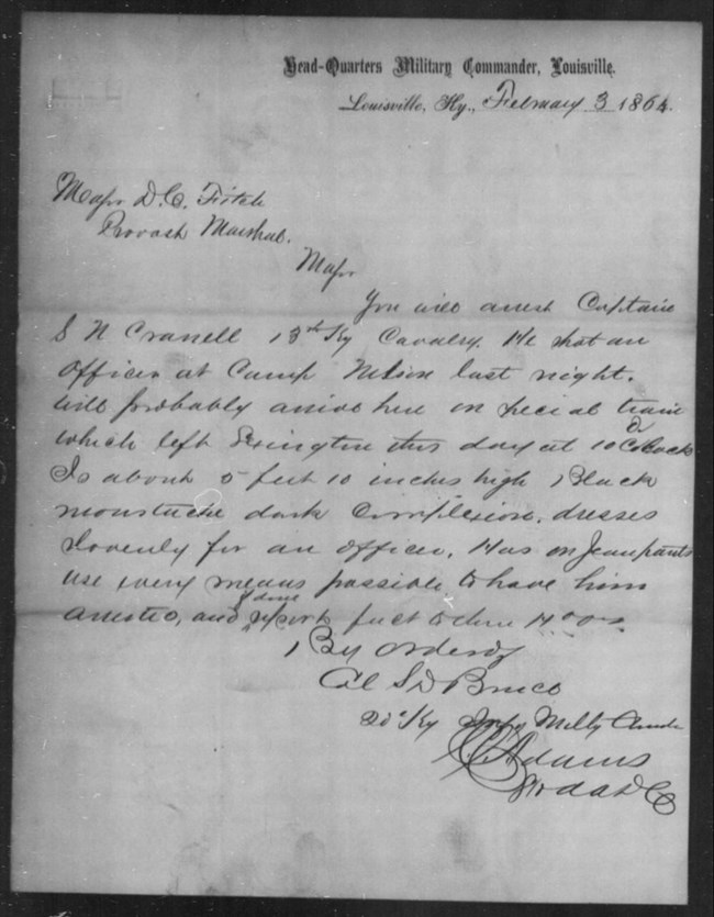 US Army message ordering the arrest of Captain Crandell for the murder of Lieutenant Hogan in early February 1864 at Camp Nelson.