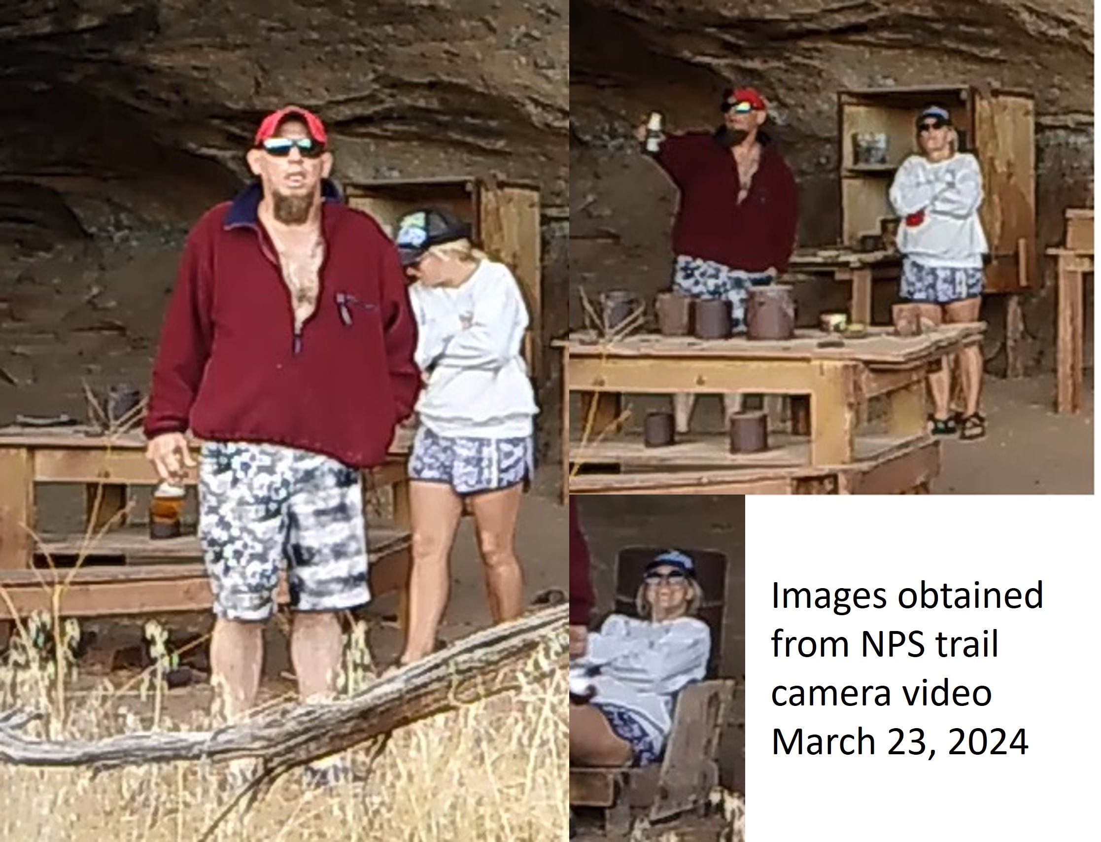 composite of three photos showing White male and White female behind wooden fence near table with rusted tin cans