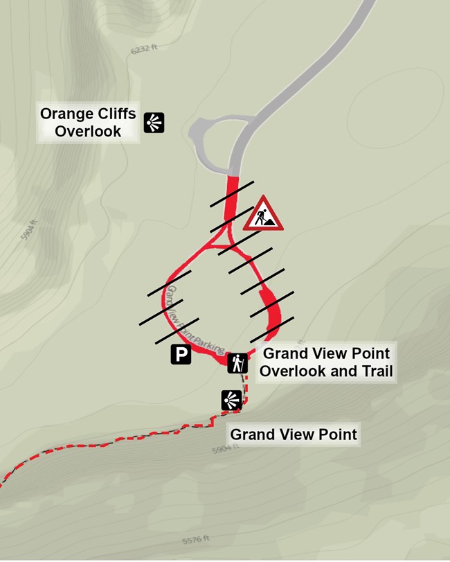 green topo map with red and black marks over section of road and trail labeled as "Grand View Point Overlook and Trail" and "Grand View Point"