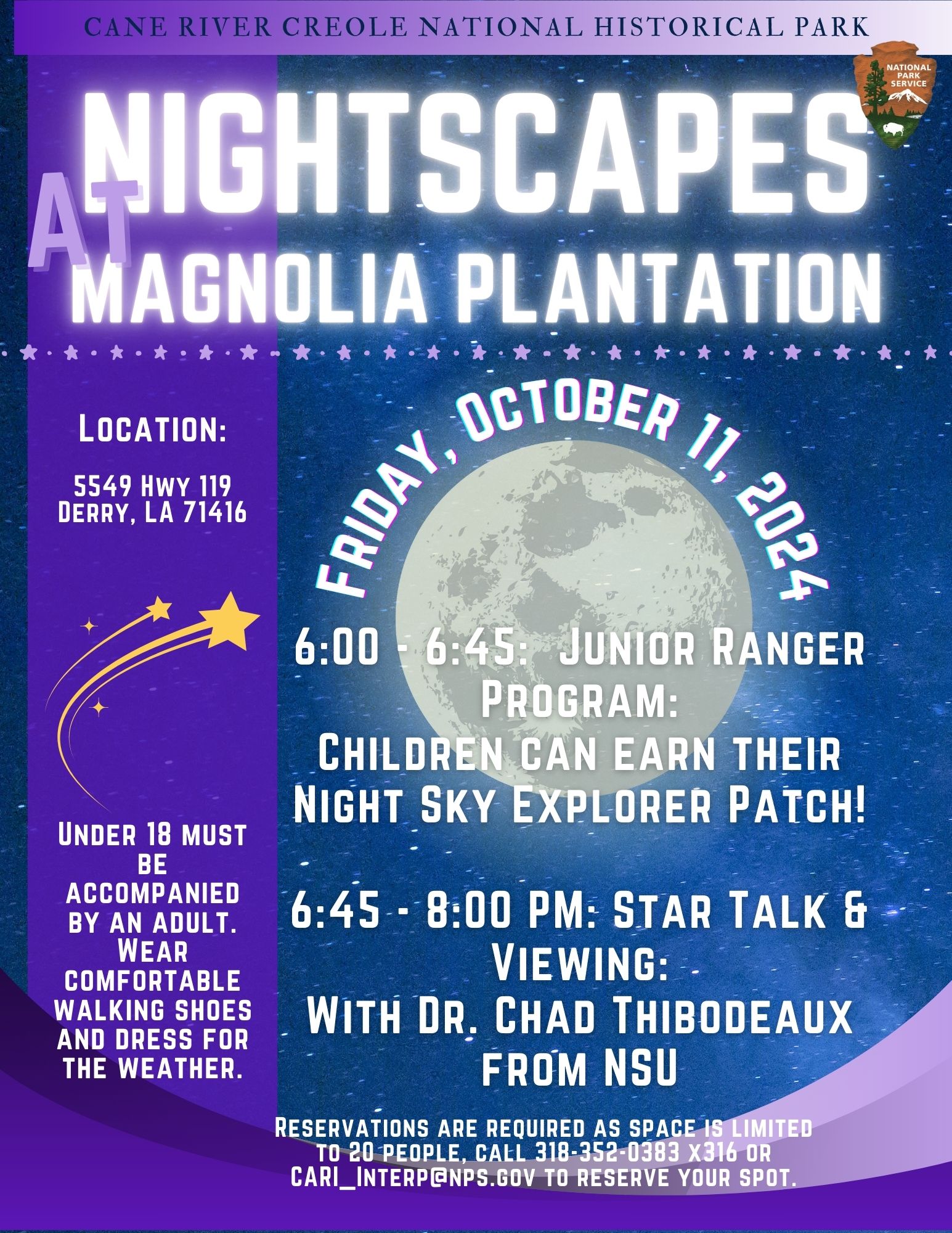 Flyer for the October 11 Astronomy Nightscapes program at Magnolia Plantation featuring a moon and stars.