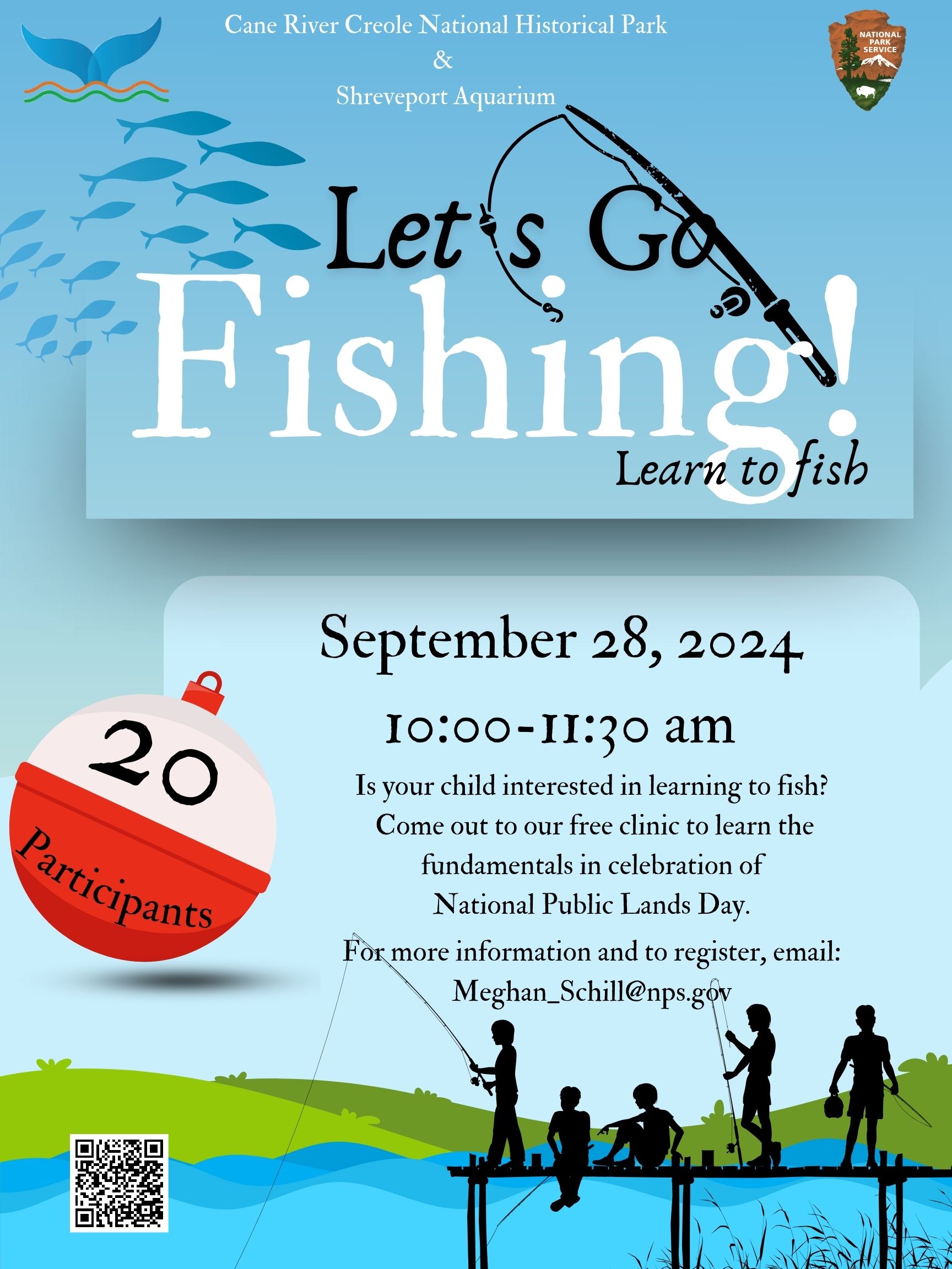 Event flyer with children fishing off a pier