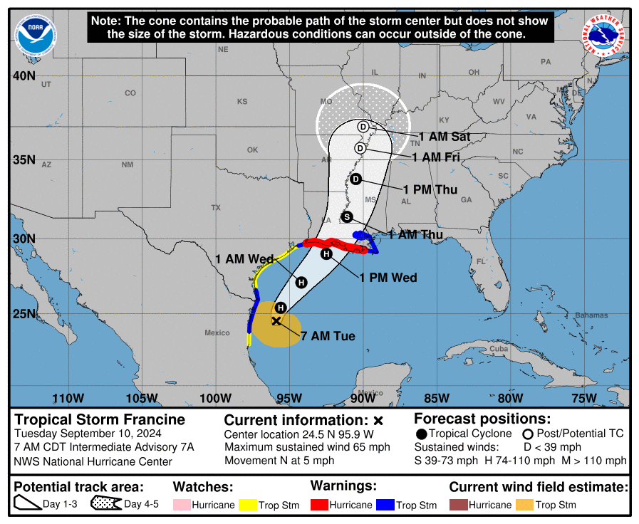 NOAA map showing projected path of Tropical Storm Francine