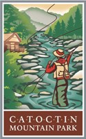 Catoctin Mountain Park Logo - A person fly-fishing with the mountain and a cabin in the distance.