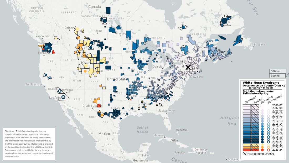 Map showing where white-nose syndrome has spread.