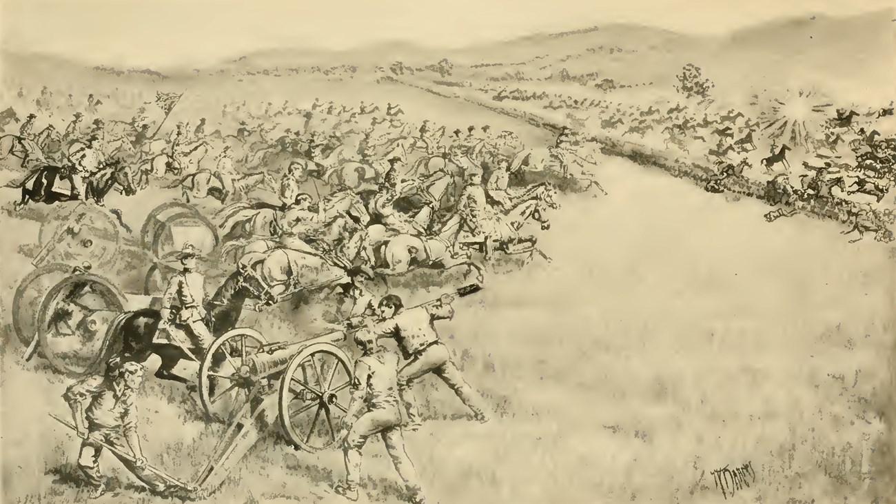 An ink illustration depicts mounted soldiers and cannons in battle