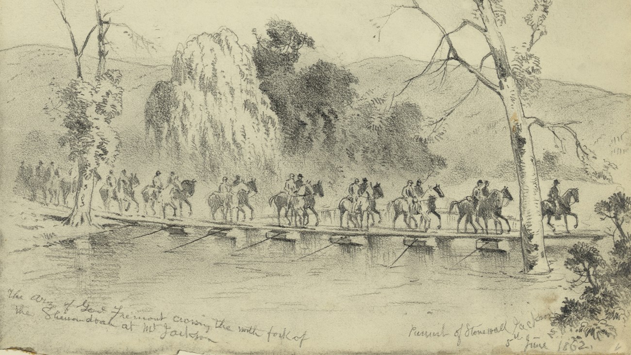 A pencil sketch records mounted troops crossing a river on a pontoon bridge.