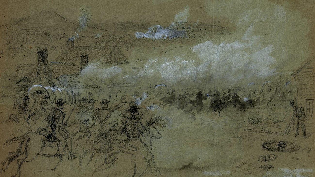 Chasing the Rebs Through Strasburg by Alfred Waud A pencil sketch depicts cavalrymen chasing their enemy through a burning town.